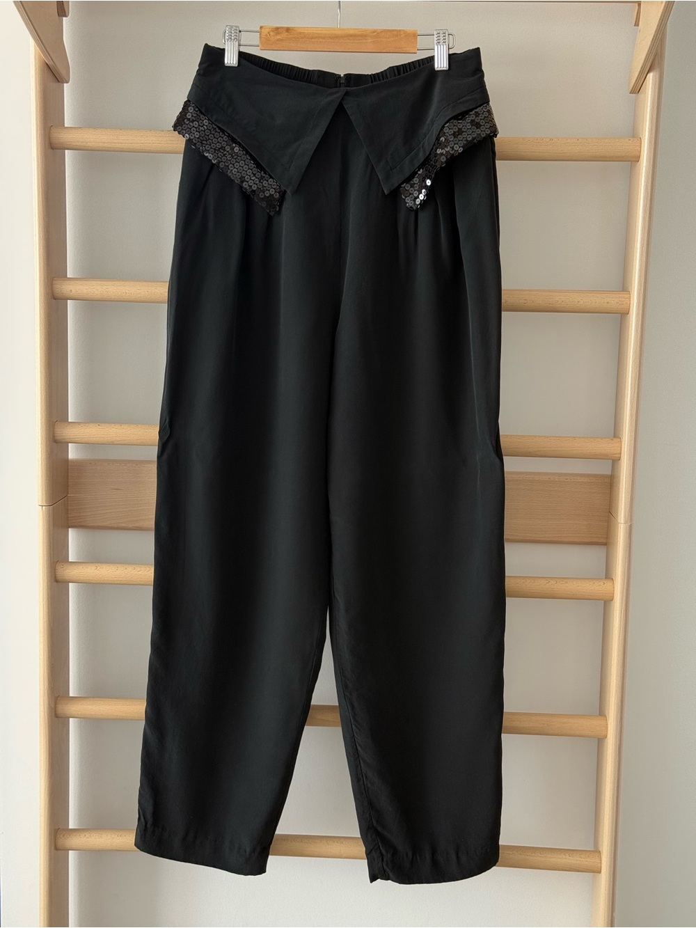 Vintage Sunny Leigh 100% Silk Sequin Waist Lapel Pants Black Sz Large
